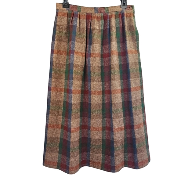 Mary Flaherty Ireland 100% Lambswool Pleated Tan/Multi Plaid Midi Skirt Size 12 - Picture 12 of 12